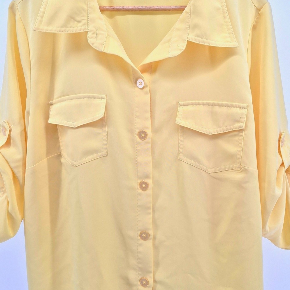 Susan Graver Women's Large Yellow Button Front Utility Blouse Roll Tab Sleeve - Picture 4 of 11